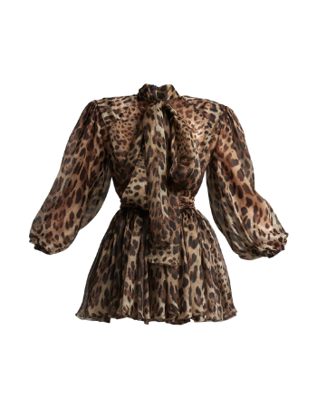 DOLCE & GABBANA Leopard-Print Tie-Neck Silk Mini Dress