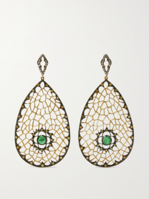 LOREE RODKIN Spiderweb 18-karat rhodium gold, emerald and diamond earrings