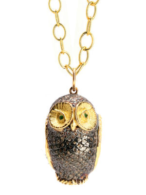SYNA Two-Tone Owl Pendant Necklace with Diamonds