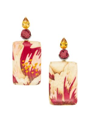 18k yellow gold red & white marquetry earrings with citrine & bamboo